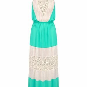 DejaVu Mint Green Lace Halter Maxi Dress Size M Boho Beachy Summer